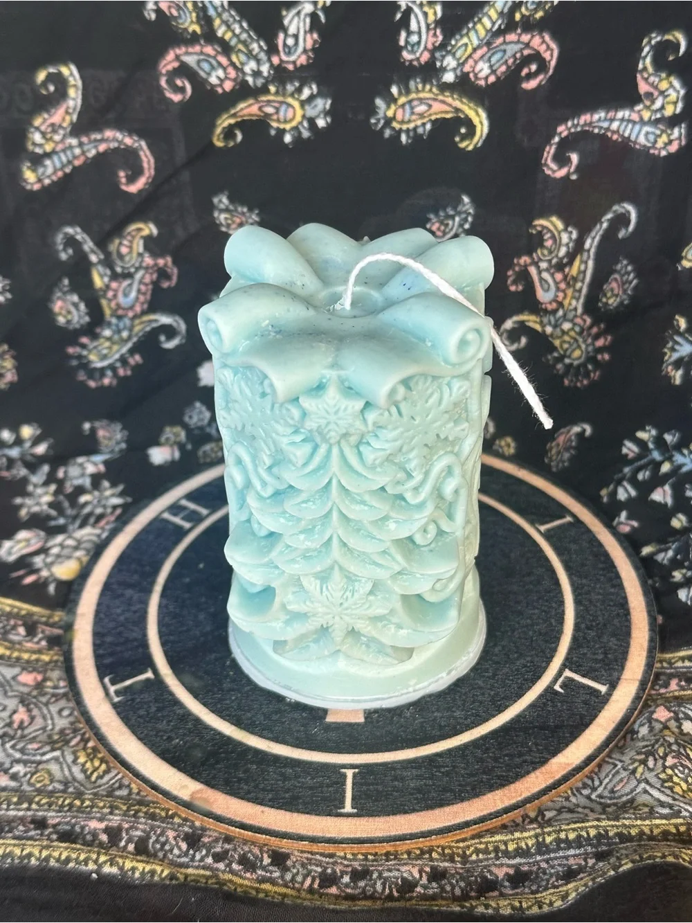 Icy Blue Winter Evergreen Pillar Candle